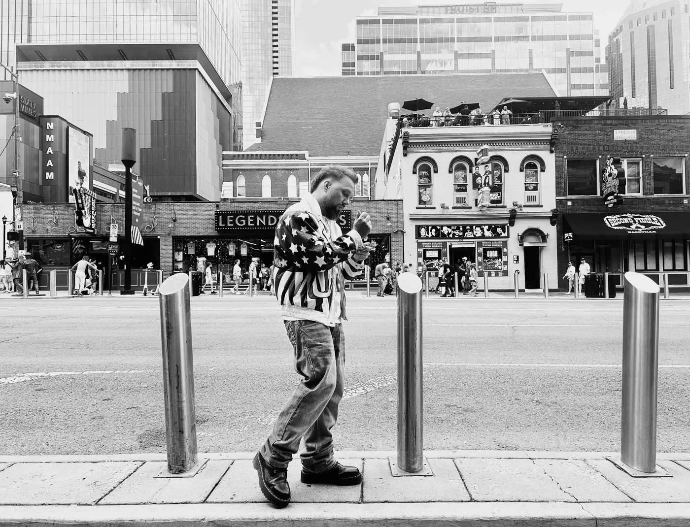 Black-and-white street photograph on Broadway in Nashville